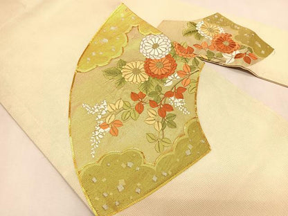 平和屋着物＊夏物　九寸名古屋帯　駒刺繍　地紙花文　金糸　正絹　逸品　CABK1329fb