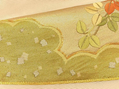 平和屋着物＊夏物　九寸名古屋帯　駒刺繍　地紙花文　金糸　正絹　逸品　CABK1329fb