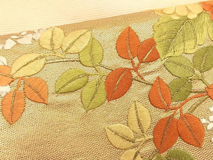 平和屋着物＊夏物　九寸名古屋帯　駒刺繍　地紙花文　金糸　正絹　逸品　CABK1329fb