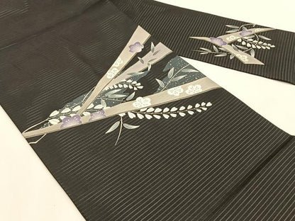 平和屋着物＊夏物　絽塩瀬　九寸名古屋帯　枝花文　黒地　金銀彩　正絹　逸品　CABK1333fb
