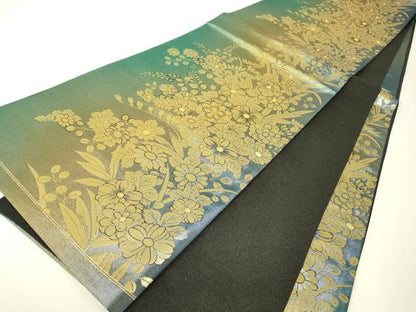 平和屋本店▼六通柄袋帯　萬葉花集　本金二重織　正絹　逸品　DABH6615az