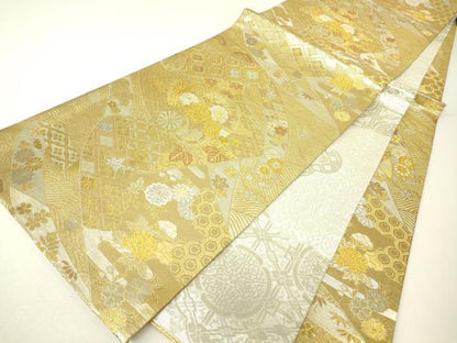 平和屋着物▼佐賀錦　両面　全通柄袋帯　吉祥花車文　金銀糸　正絹　逸品　DABH6674az