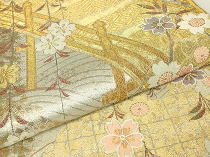 平和屋着物▼六通柄袋帯　渡り橋花文　金糸　正絹　逸品　DABH6700az