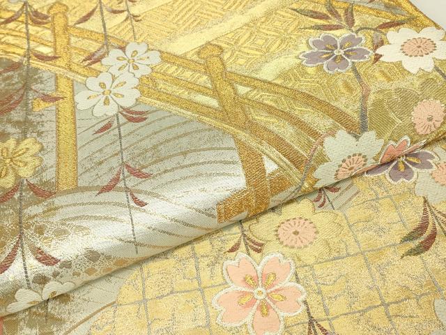 平和屋着物▼六通柄袋帯　渡り橋花文　金糸　正絹　逸品　DABH6700az