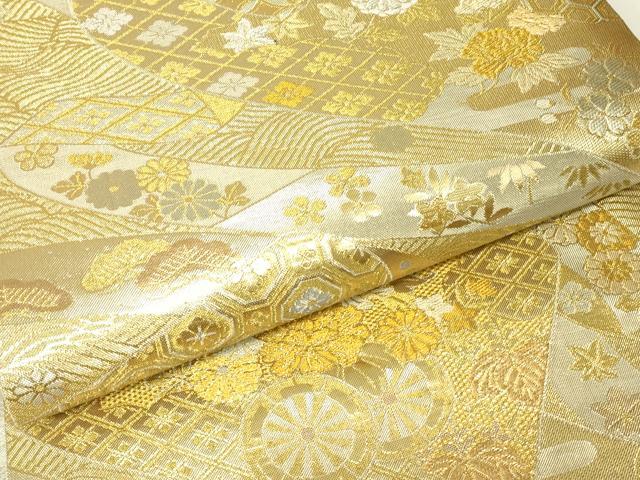 平和屋着物▼佐賀錦　両面　全通柄袋帯　吉祥花車文　金銀糸　正絹　逸品　DABH6674az