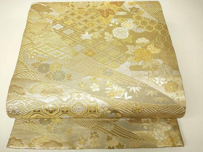 平和屋着物▼佐賀錦　両面　全通柄袋帯　吉祥花車文　金銀糸　正絹　逸品　DABH6674az