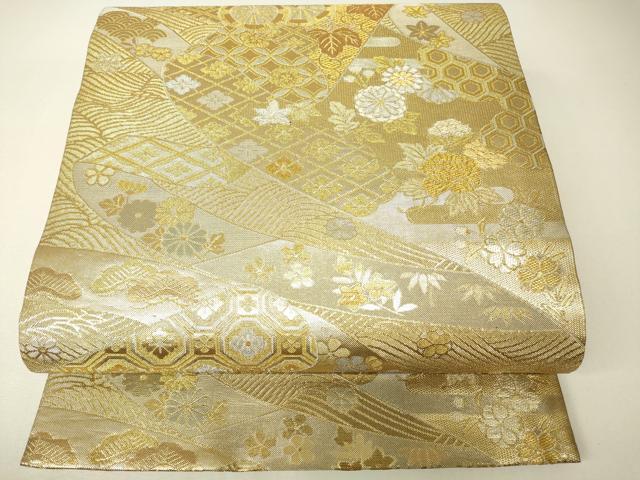 平和屋着物▼佐賀錦　両面　全通柄袋帯　吉祥花車文　金銀糸　正絹　逸品　DABH6674az