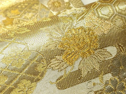 平和屋着物▼佐賀錦　両面　全通柄袋帯　吉祥花車文　金銀糸　正絹　逸品　DABH6674az