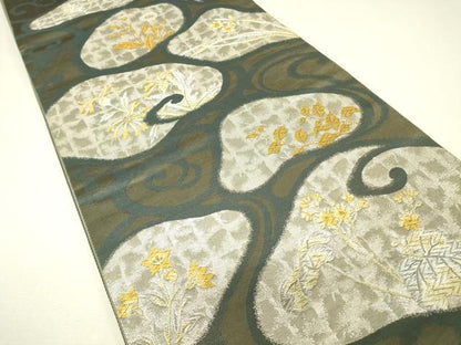 平和屋着物▼六通柄袋帯　流水花文　金銀糸　正絹　逸品　DABH6737az