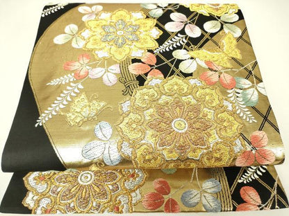 平和屋着物▼六通柄袋帯　正倉院舞蝶花文　黒地　金銀糸　正絹　逸品　DABH6745az