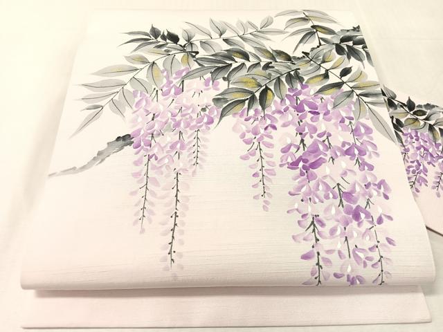 平和屋着物●九寸名古屋帯　手描き　紬地　藤花房　金彩　正絹　逸品　CABK4448vp