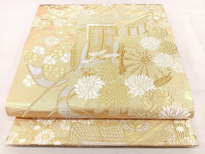 平和屋着物◎六通柄袋帯　御所車花蝶文　金銀糸　正絹　逸品　BAAX5384qw
