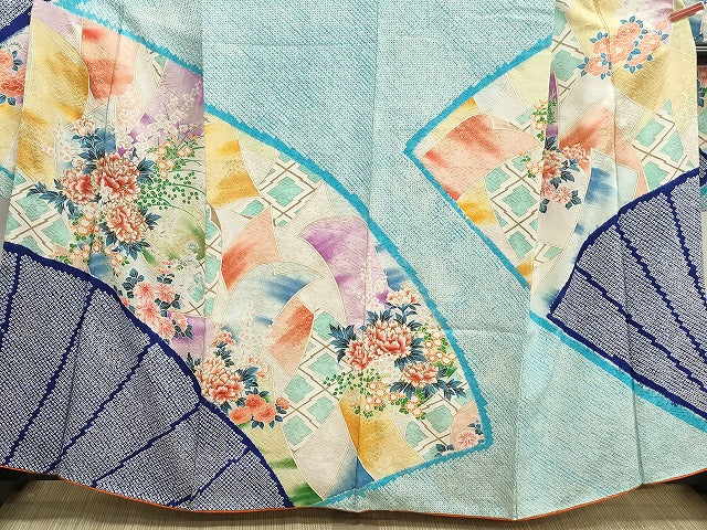 平和屋着物■豪華振袖　駒刺繍　絞り　扇面花文　牡丹　金彩　正絹　逸品　DABI1870qa