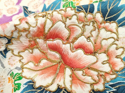 平和屋着物■豪華振袖　駒刺繍　絞り　扇面花文　牡丹　金彩　正絹　逸品　DABI1870qa