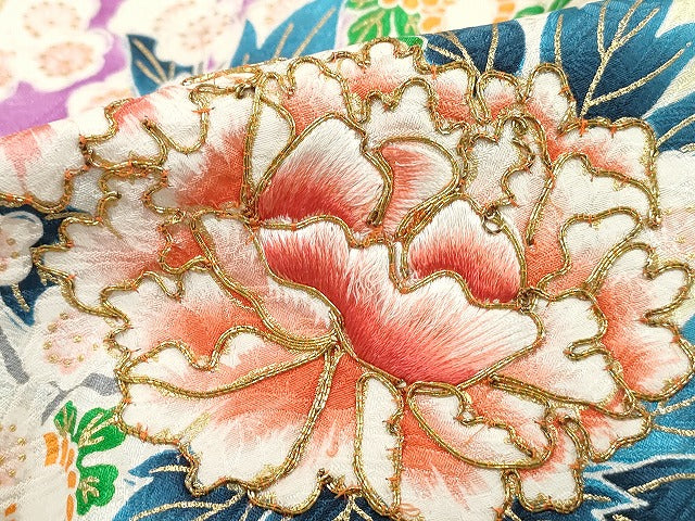 平和屋着物■豪華振袖　駒刺繍　絞り　扇面花文　牡丹　金彩　正絹　逸品　DABI1870qa