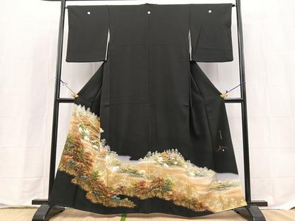 平和屋着物■豪華黒留袖　作家物　手描き　風景樹林文　金彩　正絹　逸品　BAAX9656yc