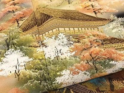 平和屋着物■豪華黒留袖　作家物　手描き　風景樹林文　金彩　正絹　逸品　BAAX9656yc