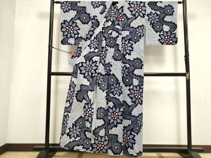 平和屋着物∴夏物　浴衣　有松鳴海絞り　流水花文　綿　逸品　DABI3440cd