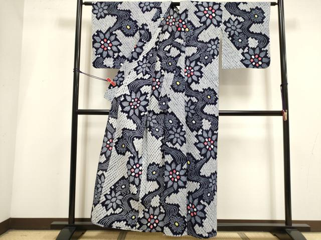 平和屋着物∴夏物　浴衣　有松鳴海絞り　流水花文　綿　逸品　DABI3440cd