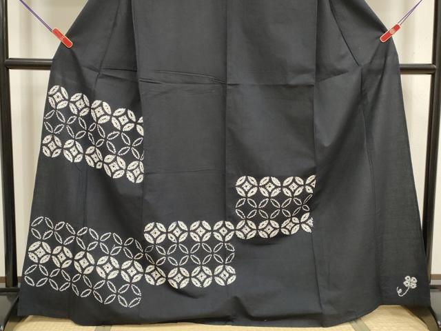 平和屋着物∴夏物　訪問着・浴衣兼用　注染　七宝繋ぎ　黒地　綿　逸品　DABI3418cd
