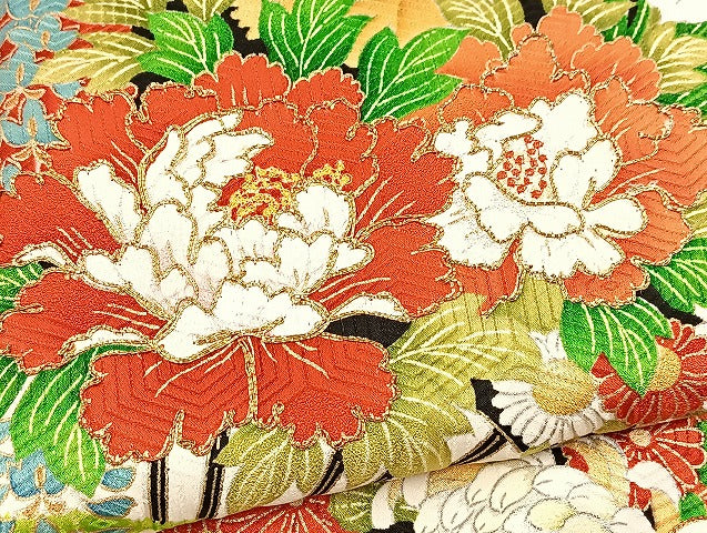 平和屋着物■豪華振袖　絞り　駒刺繍　扇面花文　金彩　正絹　逸品　BAAX9703yc