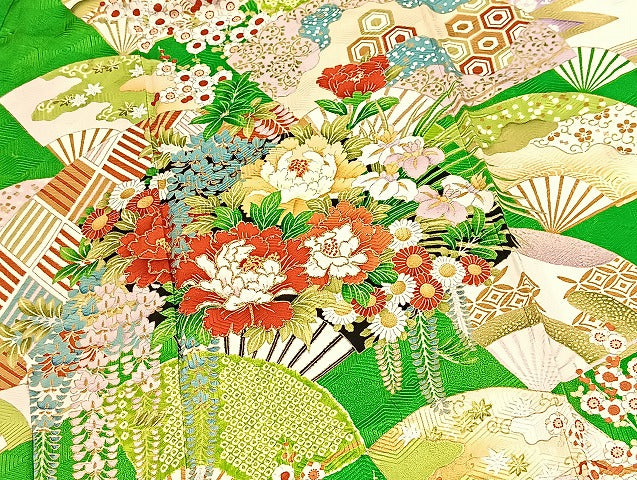 平和屋着物■豪華振袖　絞り　駒刺繍　扇面花文　金彩　正絹　逸品　BAAX9703yc