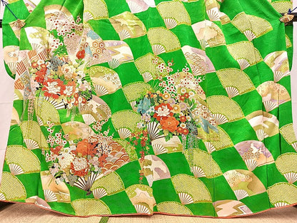 平和屋着物■豪華振袖　絞り　駒刺繍　扇面花文　金彩　正絹　逸品　BAAX9703yc