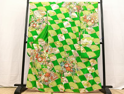 平和屋着物■豪華振袖　絞り　駒刺繍　扇面花文　金彩　正絹　逸品　BAAX9703yc