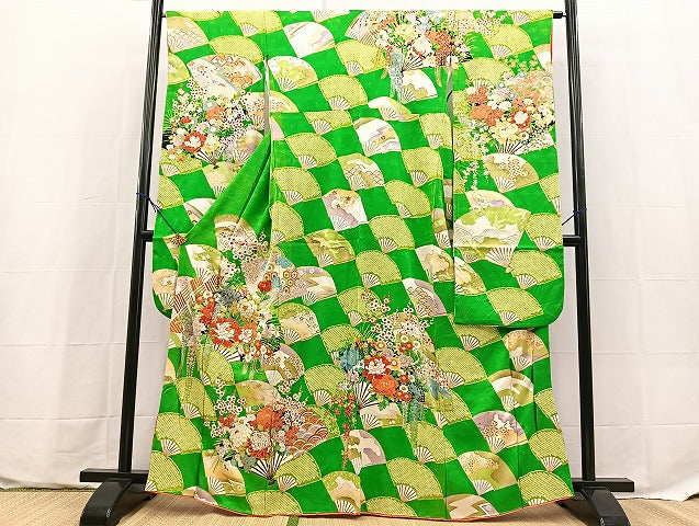 平和屋着物■豪華振袖　絞り　駒刺繍　扇面花文　金彩　正絹　逸品　BAAX9703yc