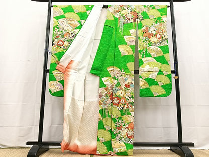 平和屋着物■豪華振袖　絞り　駒刺繍　扇面花文　金彩　正絹　逸品　BAAX9703yc