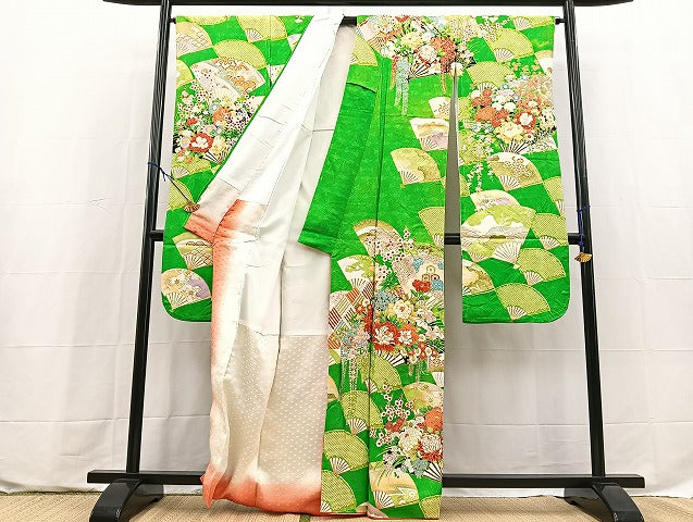 平和屋着物■豪華振袖　絞り　駒刺繍　扇面花文　金彩　正絹　逸品　BAAX9703yc