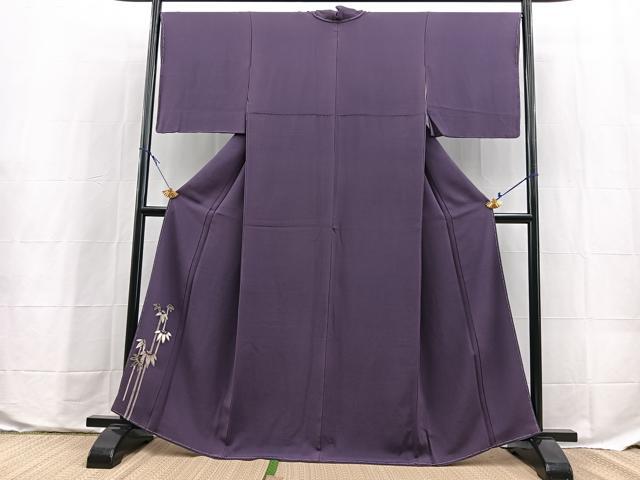 平和屋着物●京友禅　飯田信幸　色留袖　色無地　ワンポイント　笹竹文　深紫色　金彩　正絹　逸品　BAAX9759yc