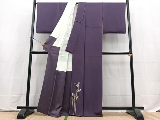 平和屋着物●京友禅　飯田信幸　色留袖　色無地　ワンポイント　笹竹文　深紫色　金彩　正絹　逸品　BAAX9759yc