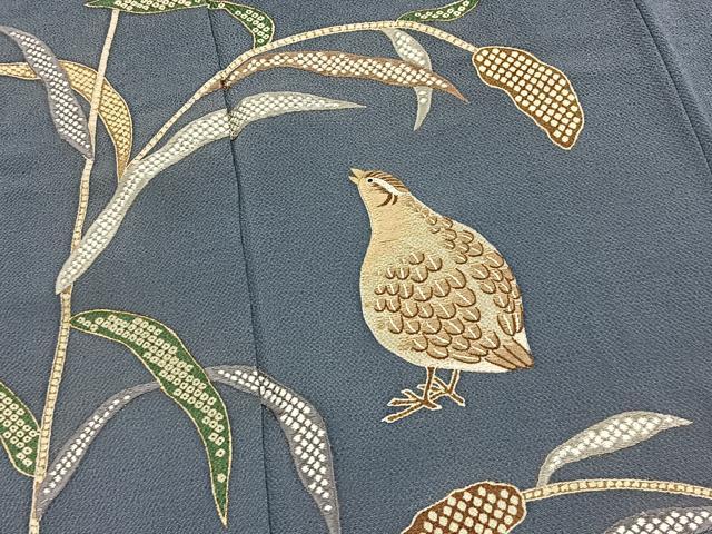 平和屋着物●訪問着　刺繍　休み鳥草葉文　金彩　鬼しぼ縮緬　正絹　逸品　BAAX9778yc