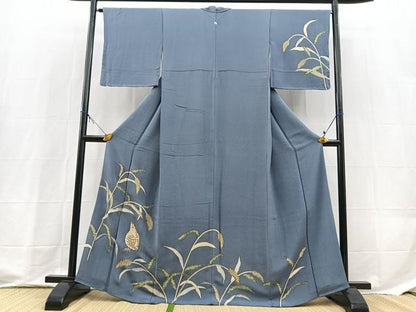平和屋着物●訪問着　刺繍　休み鳥草葉文　金彩　鬼しぼ縮緬　正絹　逸品　BAAX9778yc