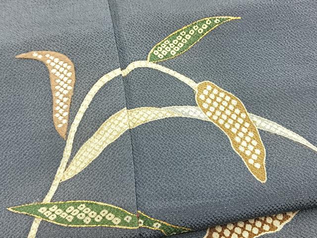 平和屋着物●訪問着　刺繍　休み鳥草葉文　金彩　鬼しぼ縮緬　正絹　逸品　BAAX9778yc