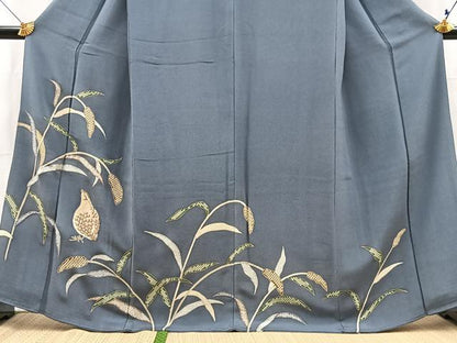 平和屋着物●訪問着　刺繍　休み鳥草葉文　金彩　鬼しぼ縮緬　正絹　逸品　BAAX9778yc