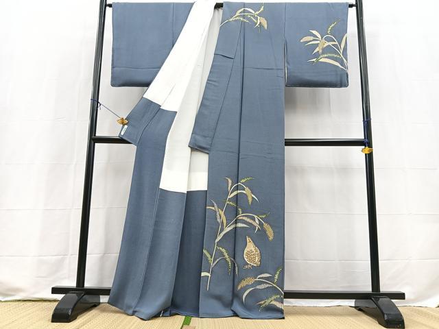 平和屋着物●訪問着　刺繍　休み鳥草葉文　金彩　鬼しぼ縮緬　正絹　逸品　BAAX9778yc