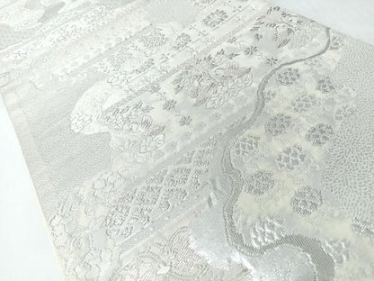 平和屋着物◎六通柄袋帯　道長向かい鳥草花文　銀糸　正絹　逸品　CABJ7813nb