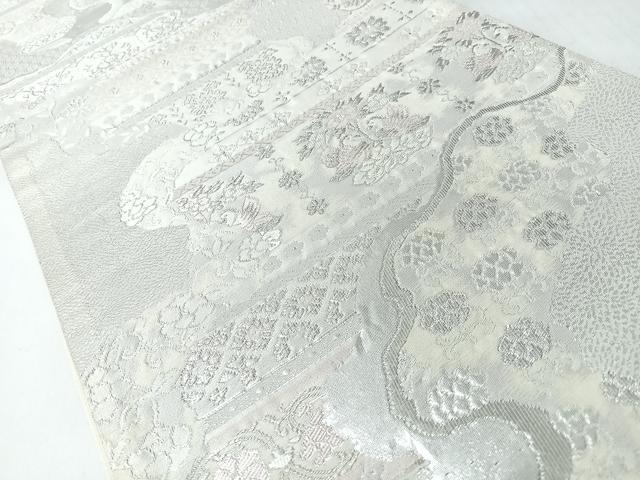 平和屋着物◎六通柄袋帯　道長向かい鳥草花文　銀糸　正絹　逸品　CABJ7813nb