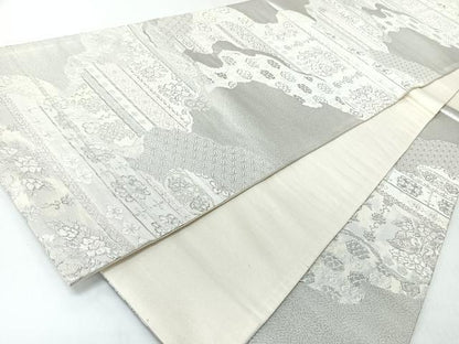 平和屋着物◎六通柄袋帯　道長向かい鳥草花文　銀糸　正絹　逸品　CABJ7813nb