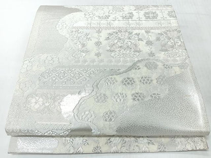 平和屋着物◎六通柄袋帯　道長向かい鳥草花文　銀糸　正絹　逸品　CABJ7813nb