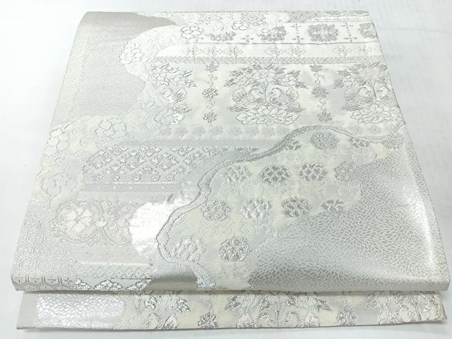 平和屋着物◎六通柄袋帯　道長向かい鳥草花文　銀糸　正絹　逸品　CABJ7813nb
