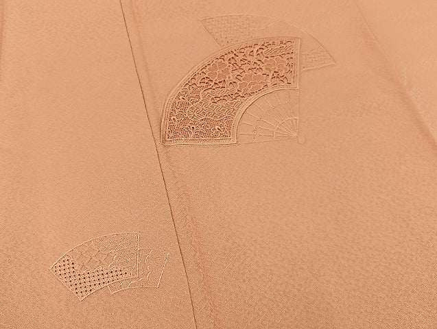 平和屋着物■中国三大刺繍　スワトウ刺繍　無地絵羽訪問着　総刺繍　扇面花文　珊瑚色　正絹　逸品　BAAY3535hj