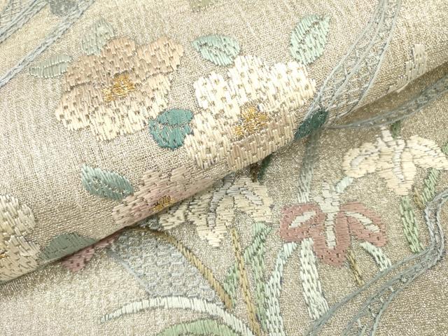 平和屋着物＊夏物　絽刺し　区限刺繍　総刺繍　太鼓柄袋帯　流水花文　金銀糸　正絹　逸品　DABH7759fe
