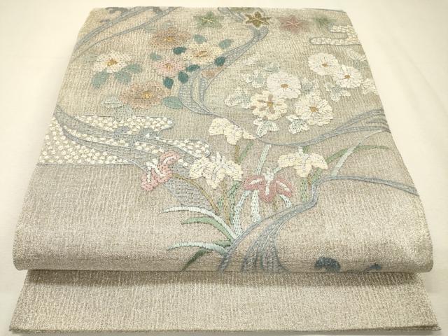 平和屋着物＊夏物　絽刺し　区限刺繍　総刺繍　太鼓柄袋帯　流水花文　金銀糸　正絹　逸品　DABH7759fe