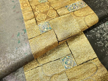 平和屋着物▼京の名門　じゅらく謹製　袋帯　螺鈿　変わり間道　ラスター箔　金銀彩　引箔　正絹　逸品　DABH7800fe