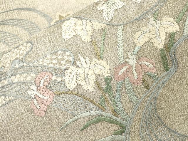 平和屋着物＊夏物　絽刺し　区限刺繍　総刺繍　太鼓柄袋帯　流水花文　金銀糸　正絹　逸品　DABH7759fe