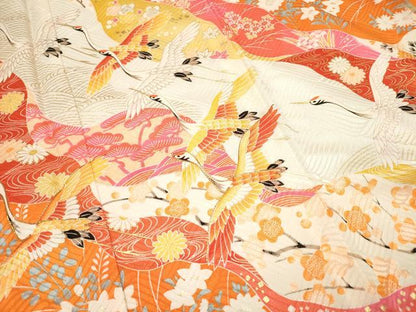 平和屋着物[]七五三　女の子　７歳　祝着　四つ身　駒刺繍　道長飛鶴花文　金彩　DABH5280ea