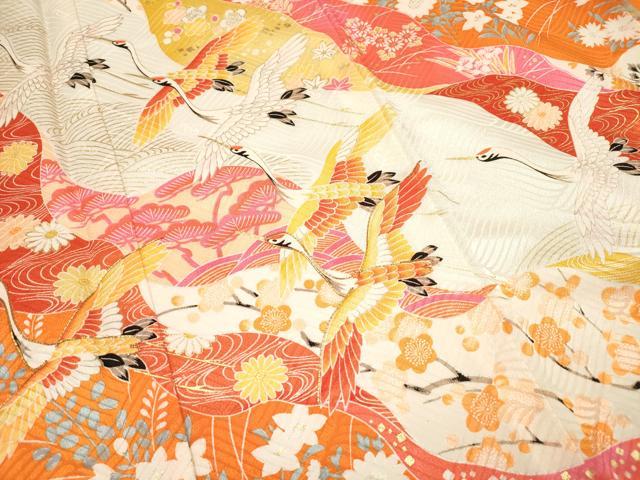平和屋着物[]七五三　女の子　７歳　祝着　四つ身　駒刺繍　道長飛鶴花文　金彩　DABH5280ea